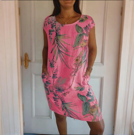 📢📢50 % de réduction !! ⏰⏰🍀 Robe à Col Rond à Imprimé Botanique – Vente de Printemps – Tissu Léger, Motif Naturel & Coupe Décontractée 🌸