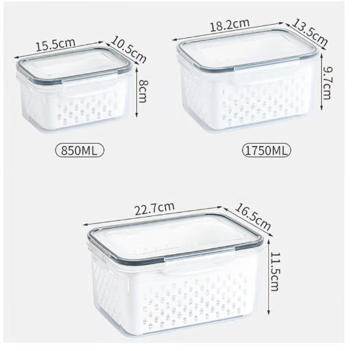 🏡⚡ Vente Flash 50% de réduction 🍇 Set de conteneur de stockage de fruits 3PCS pour réfrigérateur avec colander amovible