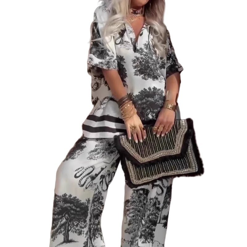 đž50âŻ% pour une DurĂ©e LimitĂ©e âš Haut ImprimĂ© Ă Col en V + Pantalon Long â Style ĂlĂ©gant et LĂ©ger pour l'ĂtĂ©