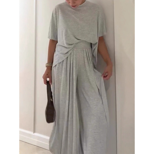 Ensemble 2 pièces en couleur unie pour femme : haut ample à manches courtes et pantalon à jambes larges