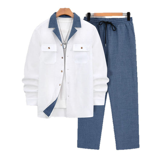 Chemise pour homme à manches longues et revers & Pantalon Ensemble 2 pièces