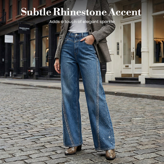 ✨🔥Jean large à jambes larges pour femme, orné de strass👖