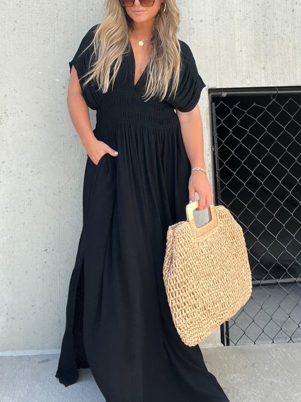 💖2025 Vente limitée - 50% DE RÉDUCTION💗Nouvelle robe longue fendue à col en V sans effort