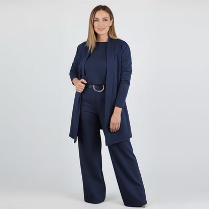 🌸Soldes d'automne👗 Élégant ensemble trois pièces avec cardigan long – Tissu doux, haut et pantalon stylés, parfaits pour aller au travail et pour le quotidien. ✨