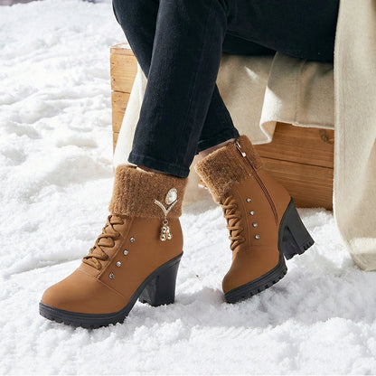 👢 Bottines Femme à Talon Épais - Intérieur Doublé de Fausse Fourrure, Semelle Antidérapante - Style Élégant pour Toutes Occasions