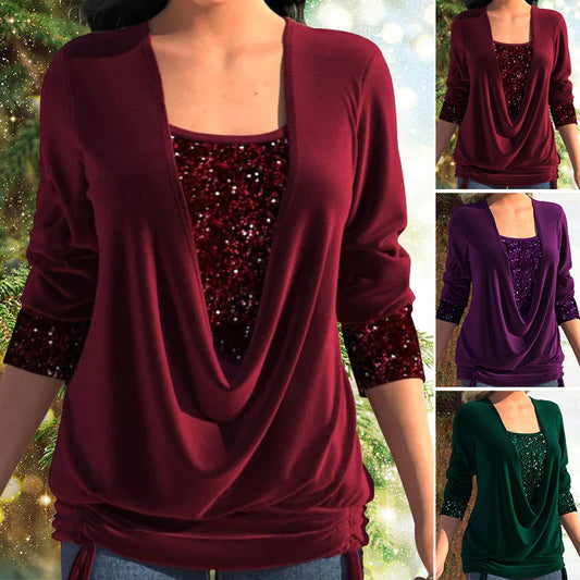 ✨ DERNIER JOUR 50% DE RÉDUCTION! ✨ Faux Haut Deux Pièces à Paillettes - Tissu Stretch avec Smocked Bodice pour Soirées Festives 💃🎄