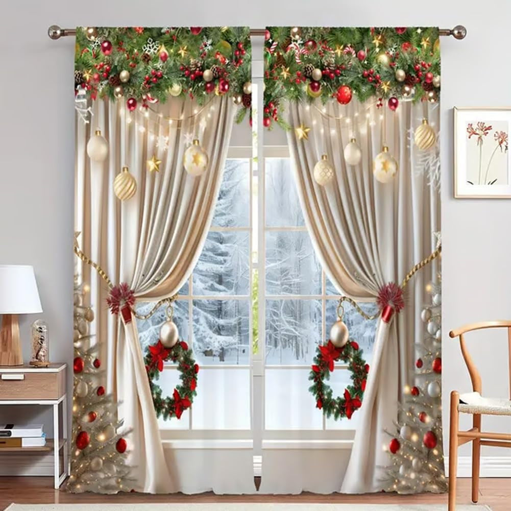 🔥50% DE RÉDUCTION !✨Lot de 2 Rideaux de Noël🎄Motifs Festifs, Installation Facile sur Tringle Standard, Entretien en Machine Simple🏠
