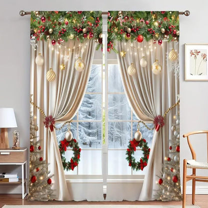 🔥50% DE RÉDUCTION !✨Lot de 2 Rideaux de Noël🎄Motifs Festifs, Installation Facile sur Tringle Standard, Entretien en Machine Simple🏠