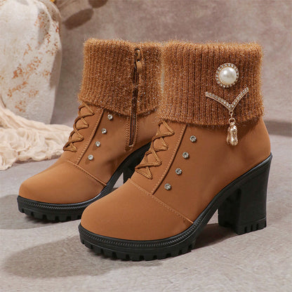 👢 Bottines Femme à Talon Épais - Intérieur Doublé de Fausse Fourrure, Semelle Antidérapante - Style Élégant pour Toutes Occasions