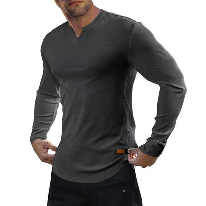👕Haut côtelé à manches longues à col en V pour homme, pour l’entraînement, le fitness et le sport🛍️
