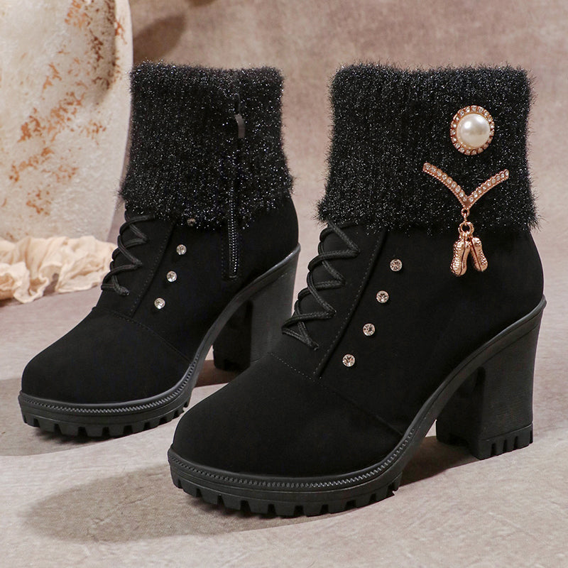 👢 Bottines Femme à Talon Épais - Intérieur Doublé de Fausse Fourrure, Semelle Antidérapante - Style Élégant pour Toutes Occasions