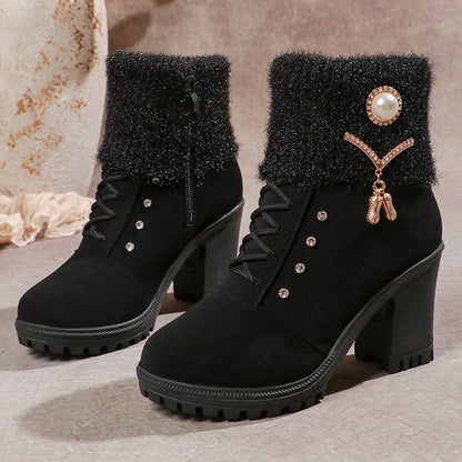 👢 Bottines Femme à Talon Épais - Intérieur Doublé de Fausse Fourrure, Semelle Antidérapante - Style Élégant pour Toutes Occasions