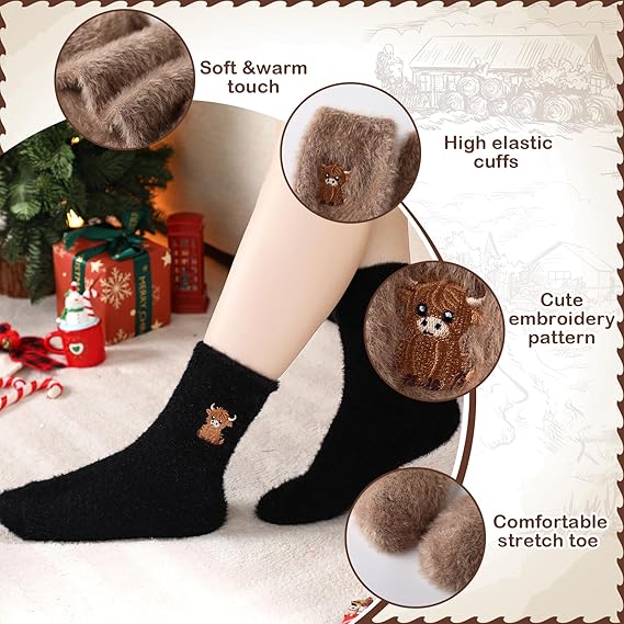 🔥Chaussettes douillettes brodées pour femmes avec motif de vache des Highlands