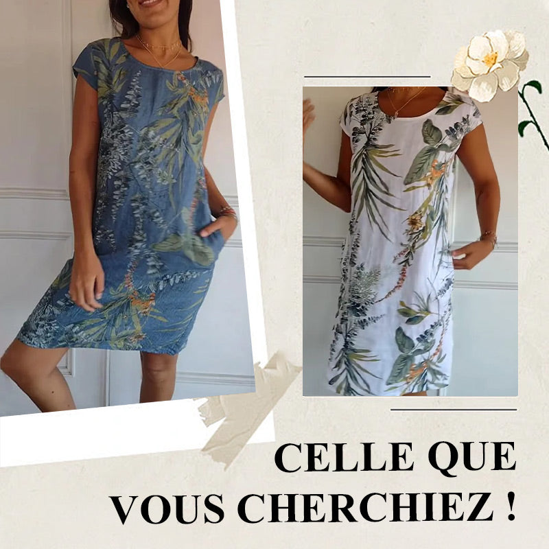 📢📢50 % de réduction !! ⏰⏰🍀 Robe à Col Rond à Imprimé Botanique – Vente de Printemps – Tissu Léger, Motif Naturel & Coupe Décontractée 🌸