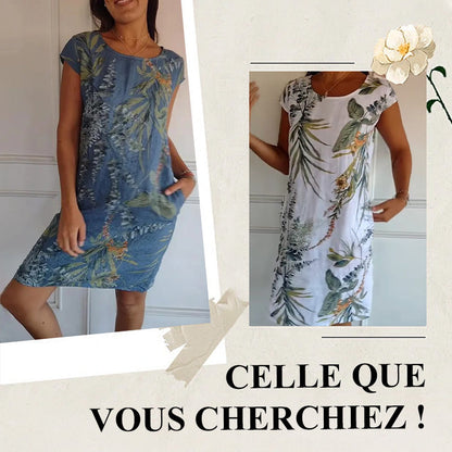 📢📢50 % de réduction !! ⏰⏰🍀 Robe à Col Rond à Imprimé Botanique – Vente de Printemps – Tissu Léger, Motif Naturel & Coupe Décontractée 🌸