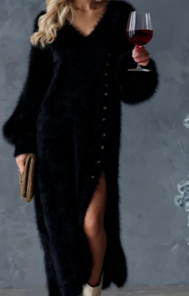 💃 50% DE RÉDUCTION! ✨ ROBE PELUCHE ÉLÉGANTE - Encolure en V & Manches Longues, Tissu Doux et Confortable, Coupe Maxi avec Fente Latérale, Parfaite pour Soirées et Événements Spéciaux 🌸🌟