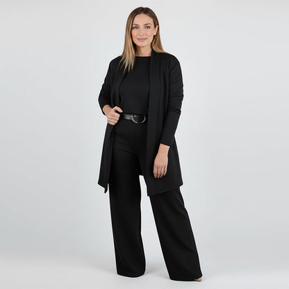 🌸Soldes d'automne👗 Élégant ensemble trois pièces avec cardigan long – Tissu doux, haut et pantalon stylés, parfaits pour aller au travail et pour le quotidien. ✨