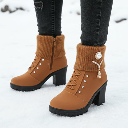 👢 Bottines Femme à Talon Épais - Intérieur Doublé de Fausse Fourrure, Semelle Antidérapante - Style Élégant pour Toutes Occasions