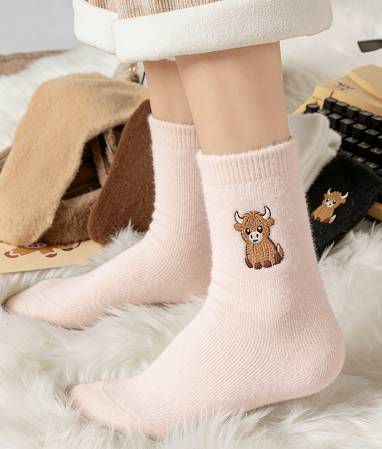 🔥Chaussettes douillettes brodées pour femmes avec motif de vache des Highlands