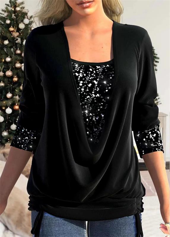 ✨ DERNIER JOUR 50% DE RÉDUCTION! ✨ Faux Haut Deux Pièces à Paillettes - Tissu Stretch avec Smocked Bodice pour Soirées Festives 💃🎄