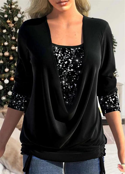 ✨ DERNIER JOUR 50% DE RÉDUCTION! ✨ Faux Haut Deux Pièces à Paillettes - Tissu Stretch avec Smocked Bodice pour Soirées Festives 💃🎄