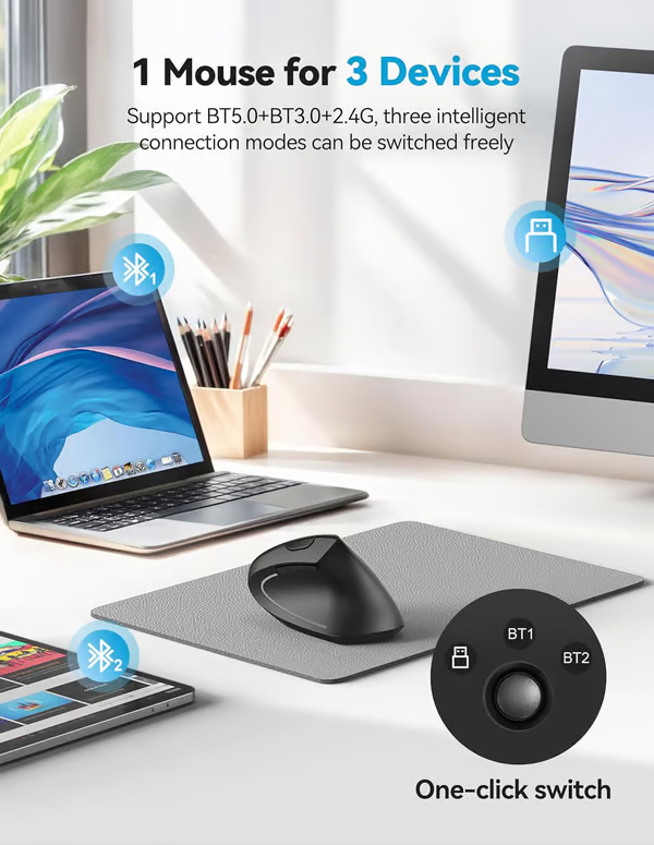 Souris optique verticale ergonomique sans fil USB rechargeable
