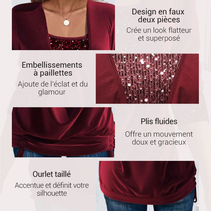 ✨ DERNIER JOUR 50% DE RÉDUCTION! ✨ Faux Haut Deux Pièces à Paillettes - Tissu Stretch avec Smocked Bodice pour Soirées Festives 💃🎄