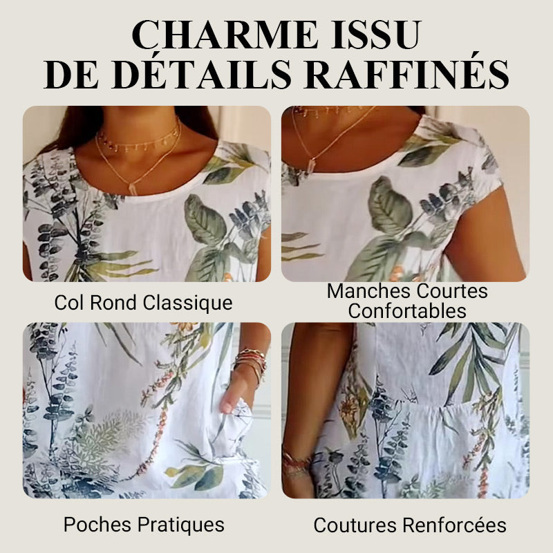 📢📢50 % de réduction !! ⏰⏰🍀 Robe à Col Rond à Imprimé Botanique – Vente de Printemps – Tissu Léger, Motif Naturel & Coupe Décontractée 🌸