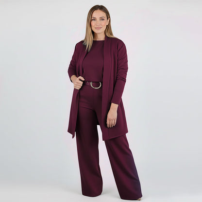🌸Soldes d'automne👗 Élégant ensemble trois pièces avec cardigan long – Tissu doux, haut et pantalon stylés, parfaits pour aller au travail et pour le quotidien. ✨