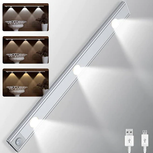 Lampe LED d'Armoire à Détecteur de Mouvement – Rechargeable USB, 3 Tons de Lumière & Installation Magnétique