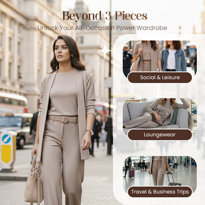 🌸Soldes d'automne👗 Élégant ensemble trois pièces avec cardigan long – Tissu doux, haut et pantalon stylés, parfaits pour aller au travail et pour le quotidien. ✨