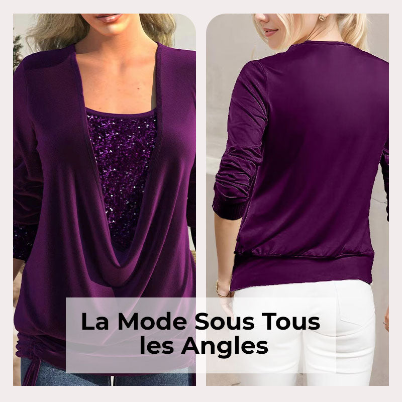 ✨ DERNIER JOUR 50% DE RÉDUCTION! ✨ Faux Haut Deux Pièces à Paillettes - Tissu Stretch avec Smocked Bodice pour Soirées Festives 💃🎄