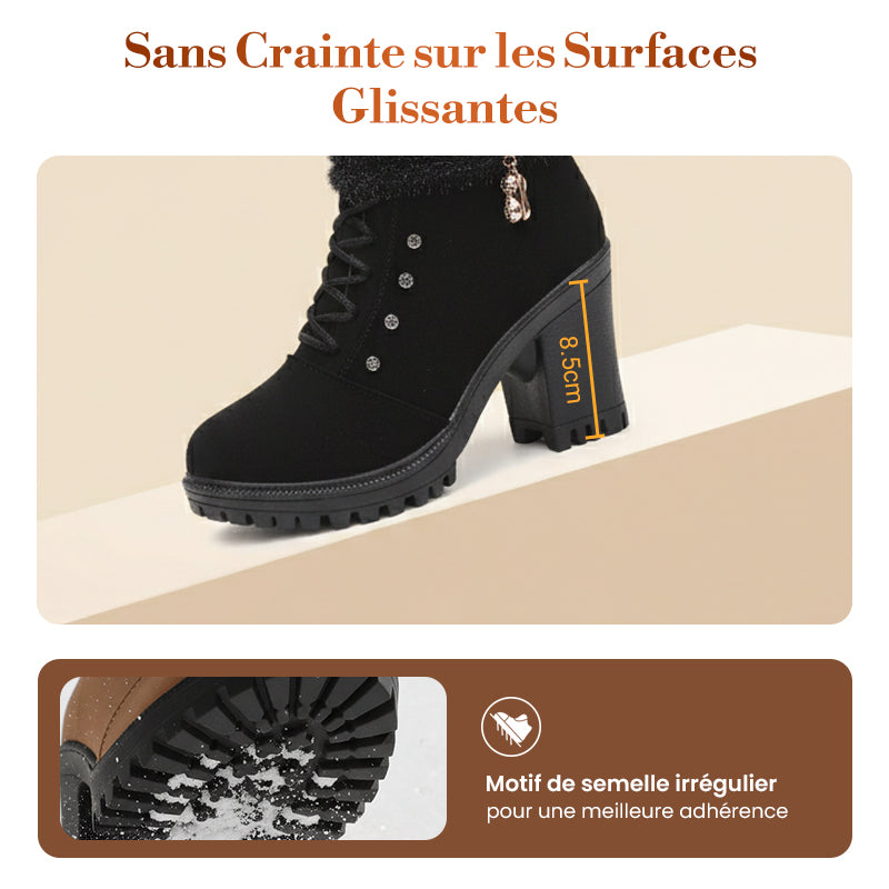 👢 Bottines Femme à Talon Épais - Intérieur Doublé de Fausse Fourrure, Semelle Antidérapante - Style Élégant pour Toutes Occasions