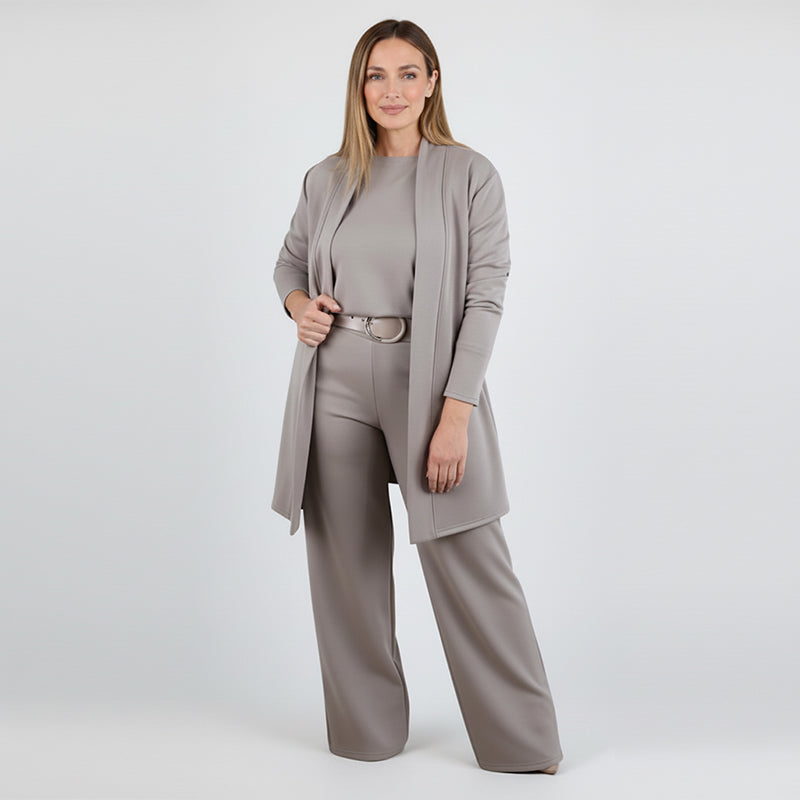 🌸Soldes d'automne👗 Élégant ensemble trois pièces avec cardigan long – Tissu doux, haut et pantalon stylés, parfaits pour aller au travail et pour le quotidien. ✨