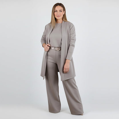 🌸Soldes d'automne👗 Élégant ensemble trois pièces avec cardigan long – Tissu doux, haut et pantalon stylés, parfaits pour aller au travail et pour le quotidien. ✨