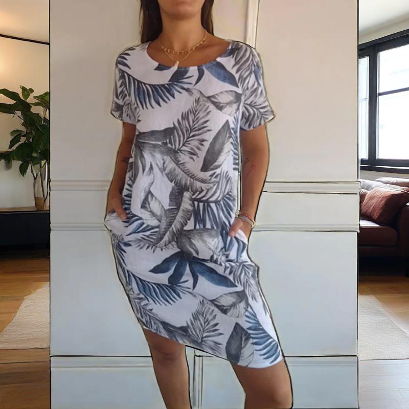 📢📢50 % de réduction !! ⏰⏰🍀 Robe à Col Rond à Imprimé Botanique – Vente de Printemps – Tissu Léger, Motif Naturel & Coupe Décontractée 🌸