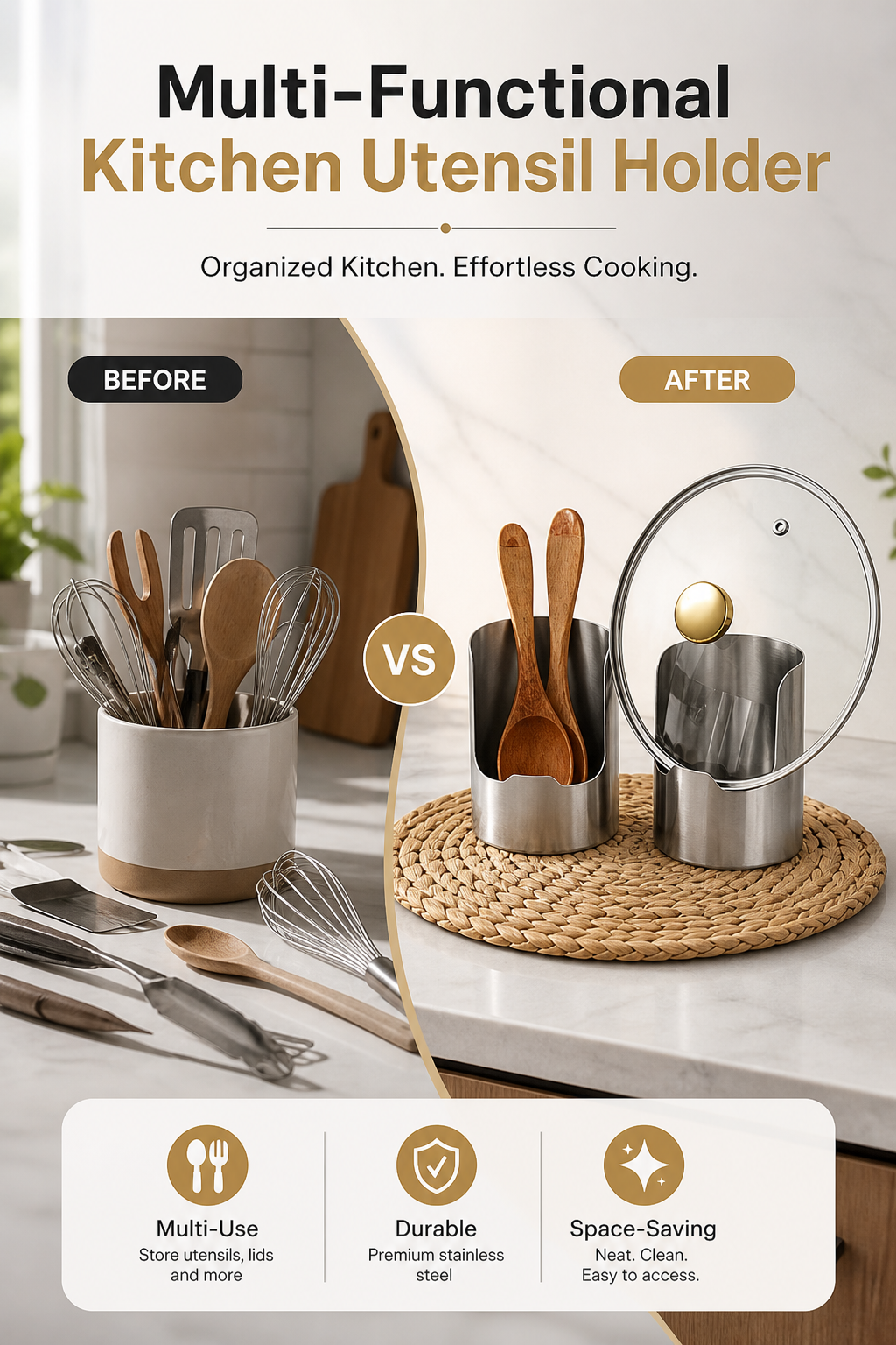 🔥 50 % DE RÉDUCTION ! 🍳 Organisateur d’Ustensiles de Cuisine Multifonctionnel – Acier Inoxydable – Design Vertical Compact & Base Stable pour Plan de Travail Rangé 🧂
