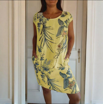 📢📢50 % de réduction !! ⏰⏰🍀 Robe à Col Rond à Imprimé Botanique – Vente de Printemps – Tissu Léger, Motif Naturel & Coupe Décontractée 🌸