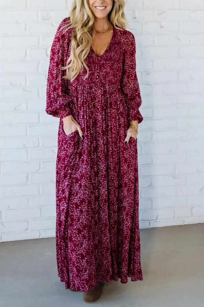 💎Robe Longue à Fleurs en Rayonne – Taille Smockée, Doublure Intégrale & Poches Cachées🌸👗