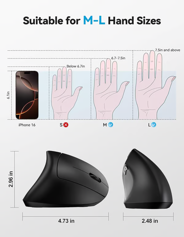 Souris optique verticale ergonomique sans fil USB rechargeable