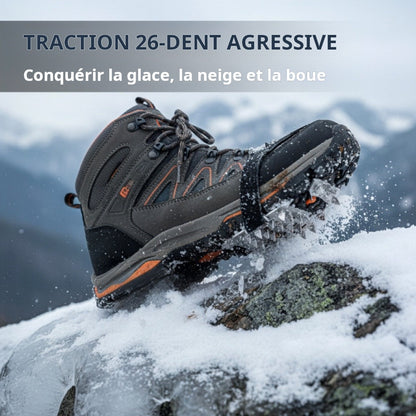 Crampons 26 Dents Acier Manganèse 🥾 | Plaques Antidérapantes en Acier Inoxydable ⚙️ | Pour Glace, Neige, Boue & Escalade ❄️🧗 | Compatibles avec Surchaussures