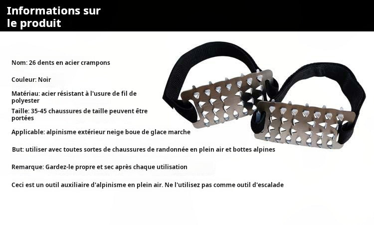 Crampons 26 Dents Acier Manganèse 🥾 | Plaques Antidérapantes en Acier Inoxydable ⚙️ | Pour Glace, Neige, Boue & Escalade ❄️🧗 | Compatibles avec Surchaussures