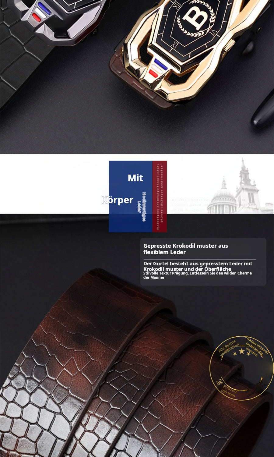 📢📢50 %  DE RÉDUCTION !! ⏰🐊Ceinture en cuir pour homme avec motif crocodile raffiné, boucle automatique et fabriquée en cuir de vachette.
