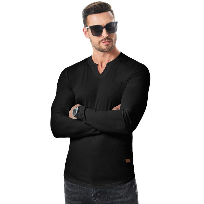👕Haut côtelé à manches longues à col en V pour homme, pour l’entraînement, le fitness et le sport🛍️