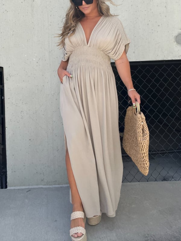 💖2025 Vente limitée - 50% DE RÉDUCTION💗Nouvelle robe longue fendue à col en V sans effort