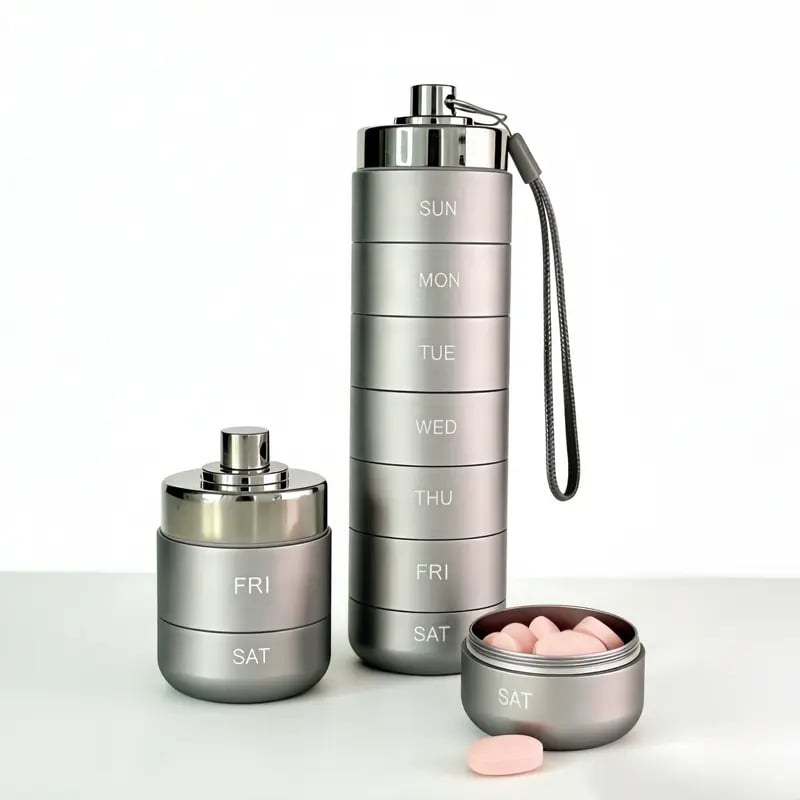 📢📢50 % de réduction !! ⏰Boîte à pilules de voyage en métal – Organisateur 7 jours empilable et étanche, grande taille