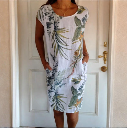 📢📢50 % de réduction !! ⏰⏰🍀 Robe à Col Rond à Imprimé Botanique – Vente de Printemps – Tissu Léger, Motif Naturel & Coupe Décontractée 🌸