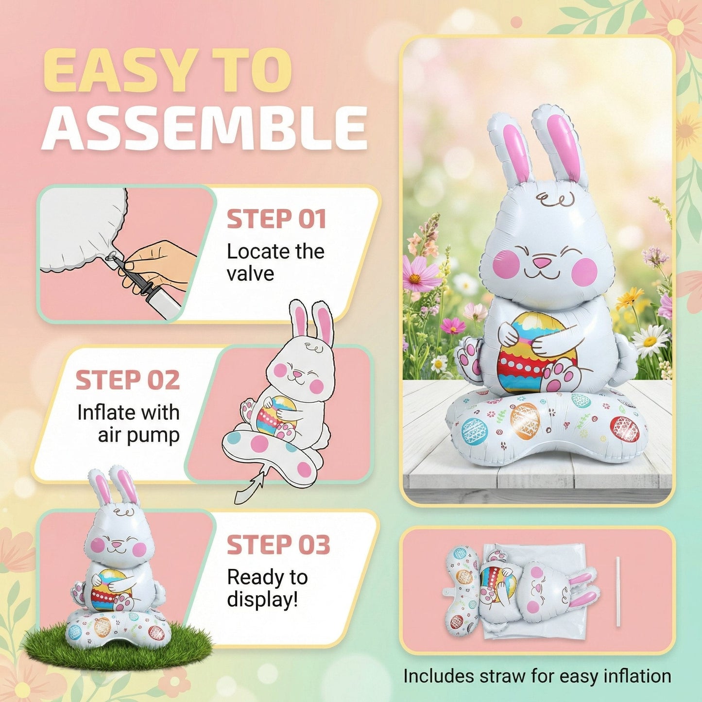 🐰 50% DE RÉDUCTION ! 🎉 Ballons 3D sur Pied pour Pâques – Géants Lapin/Carotte/Poussin/Œuf – Décoration Festive, Gonflage à l'Air & Parfait pour Enfants/Jardin 🌷