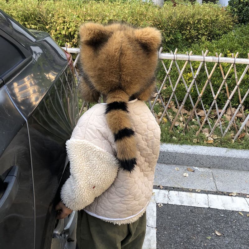 🦝Chapeau en peluche parent-enfant avec fausse queue de raton laveur☃️