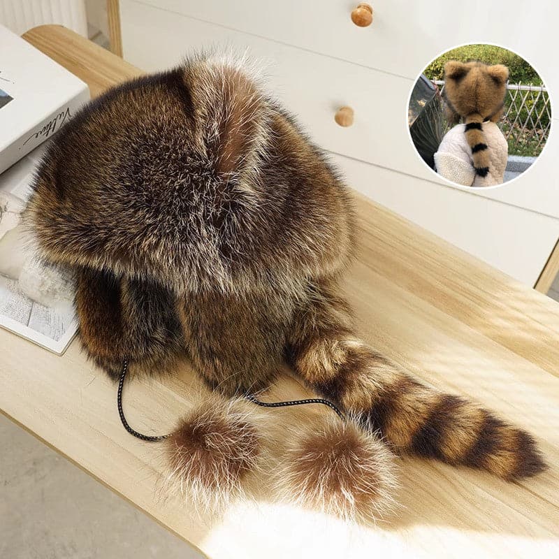 🦝Chapeau en peluche parent-enfant avec fausse queue de raton laveur☃️
